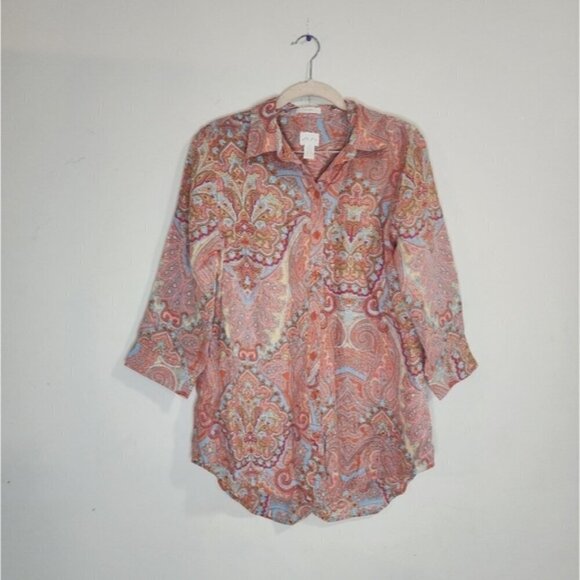 Chicos Shirt Women Small Pink Eclectic Paisley Floral 100% Linen Button Front - Picture 1 of 9